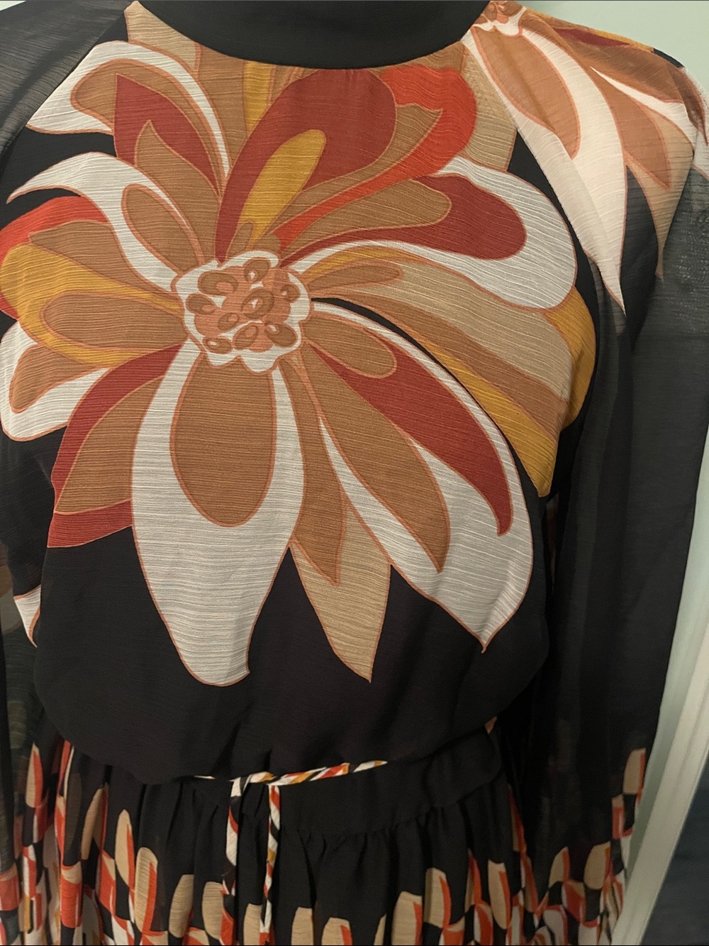 Maison Tara NWT Black Maxi Dress with Mustard, Rust & Cream Floral Accents - Picture 5 of 10